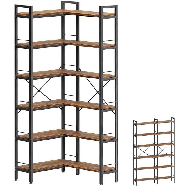 Huuger 6 Tier Bookshelf, L Shaped Corner Bookshelf with Open Shelves, 49.4 Inch Straight Wide Bookcase with Metal Frame and Wooden Board, Adjustable Feet, Rustic Brown