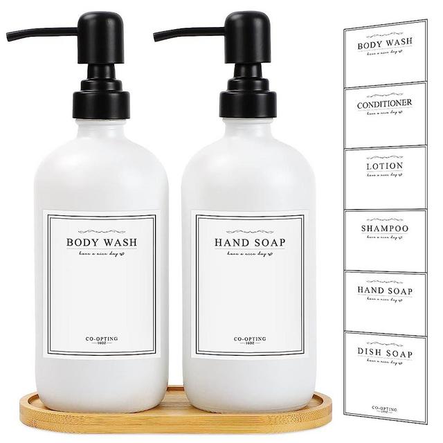 SPOLLSES Glass Soap Dispenser with Pump and Bamboo Tray | Bathroom & Kitchen Soap Dispenser Set with Dish Soap,Hand Soap,Shampoo,Lotion Waterproof Labels | White Bottles with Black Pumps