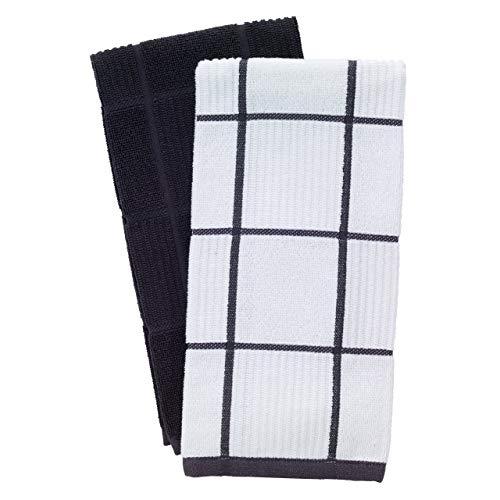 T-Fal Textiles 60953 2-Pack Solid & Check Parquet Design 100-Percent Cotton Kitchen Dish Towel, Charcoal, Solid/Check-2 Pack