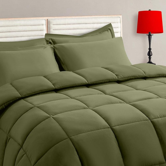 TAIMIT Olive Green Queen Size Comforter Set - 7 Pieces, Bed in a Bag Bedding Sets with All Season Soft Quilted Warm Fluffy Reversible Comforter,Flat Sheet,Fitted Sheet,2 Pillow Shams,2 Pillowcases