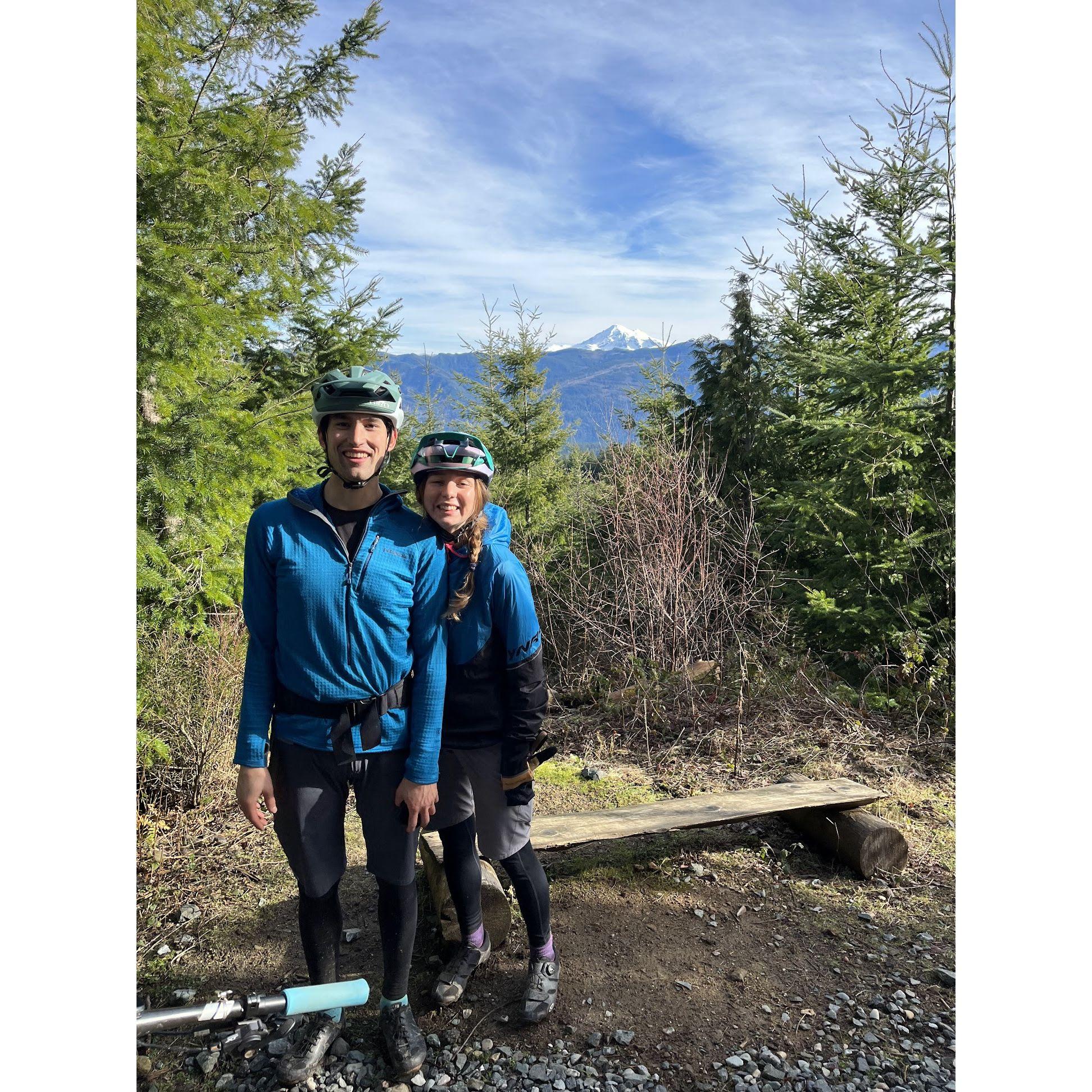 Mountain biking in our new hometown, looking up at Mt Baker in the distance - Feb 2022