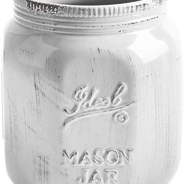 MosJos Large Kitchen Utensil Holder - 7.8” Mason Jar Ceramic Kitchenware Caddy for Farmhouse Kitchen Decor, Dishwasher Safe, Wide Opening Vintage Utensil Crock Countertop Organizer - White