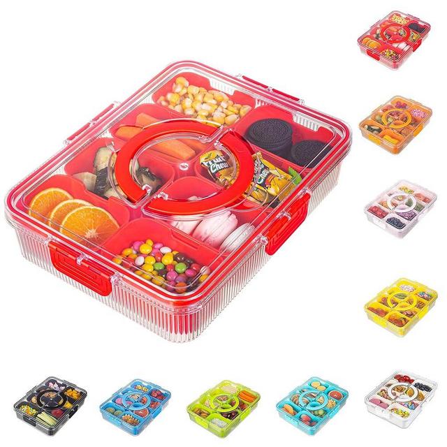 FEIOOD Patent Design Ribbed Snackle Box Container Divided Serving Tray with Lid and Handle -Charcuterie Container Portable Storage Organizer for Candy, Fruit, Beach, Picnics（1 pcs, Red）