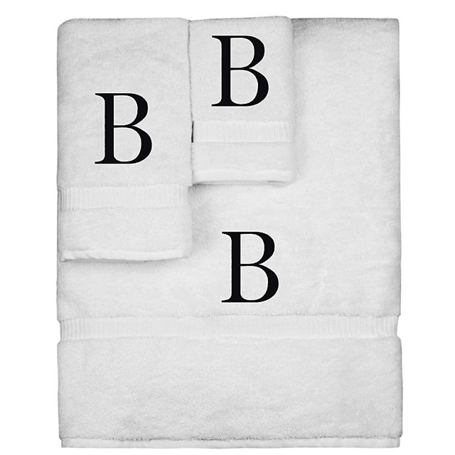 Monogrammed Towel Set, Personalized Gift, Set of 3- Black Block Letter Embroidered Towel - Extra Absorbent 100% Turkish Cotton - Soft Terry Finish - Initial B White