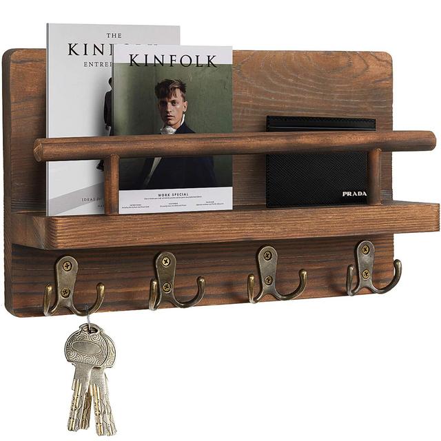 Key Holder for Wall Wooden Mail Holder for Wall Rustic Key Hanger for Wall Key Rack with 4 Double Key Hooks and A Floating Shelf Home Decor Mail Organizer Wall Mount for Entryway - All Solid Pine Wood
