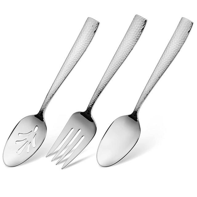 Hudson Essentials 9-Piece Hammered 18/10 Stainless Steel Silverware Serving Spoons and Forks Set - Hostess Buffet Flatware Utensils