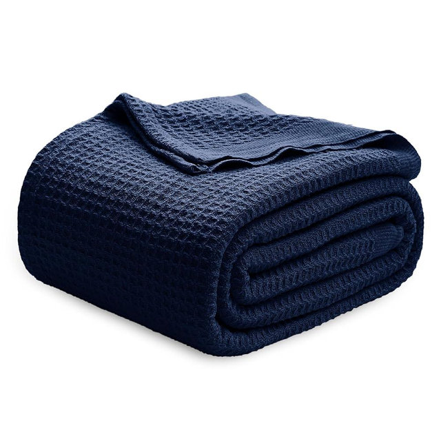 Bedsure 100% Cotton Blankets Queen Size for Bed - Waffle Weave Blankets for Summer, Lightweight and Breathable Soft Woven Blankets for Spring, Pageant Blue, 90x90 Inches