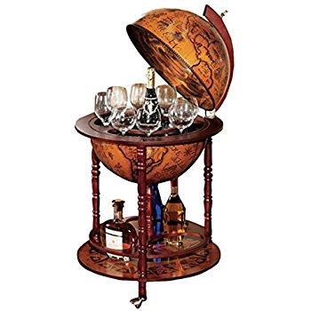 Globe Bar Liquor Cabinet | 18.5" Antique Old World Mini Bar Drink Cart Stand With Vintage Italian Replica Decor. Large Mobile Tabletop Bar Furniture Set for Scotch, Wine, & Whiskey. By Villa Medici