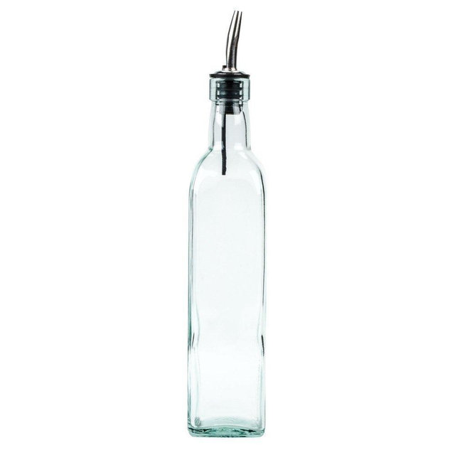 Tablecraft H9085 Glass Oil And Vinegar Cruet, Olive Oil Dispenser With Stainless Steel Spout, Slight Green Tint, 8.5 Ounce