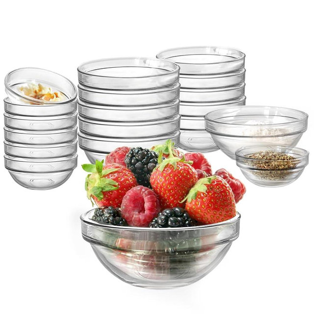 20 pack Mini Glass Prep Pinch Bowls,3.5 Inch(4oz)Clear Small Glass Bowls Set of 12 pack and 2.3 Inch(1oz)8 pack,Glass Serving Bowls Stackable for Kitchen Prep, Dips ,Cooking Toppings,Condiments.