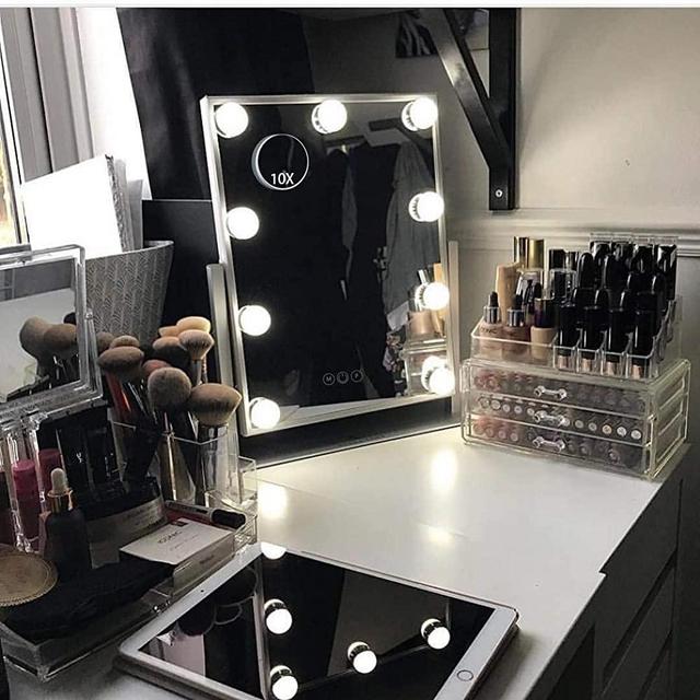Hansong Hollywood Makeup Vanity Mirror with Lights,Plug in Light-up Professional Mirror,Removable 10x Magnification,3 Color Lighting Modes,Cosmetic Mirror with 9 Dimmable Bulbs