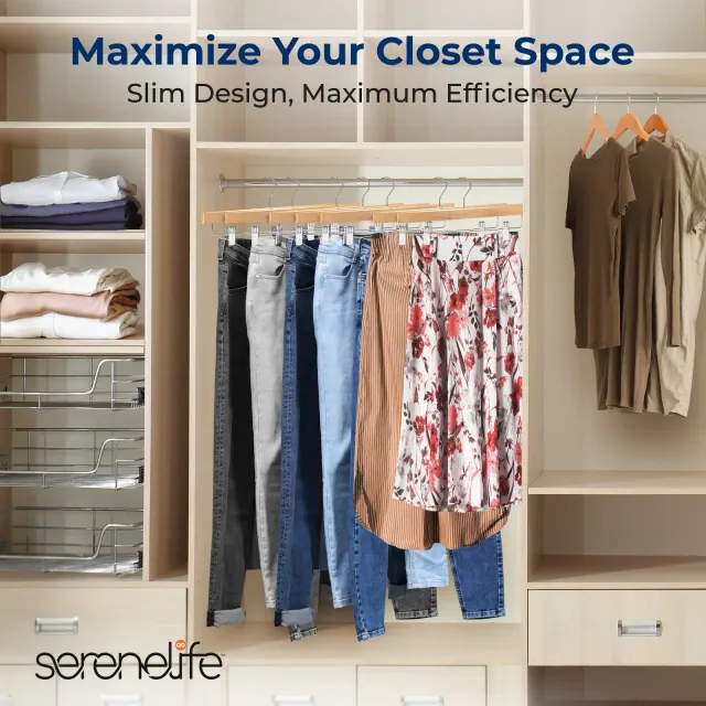 SereneLife 30-Piece Premium Wooden Pants Hangers - Heavy Duty Set with Chrome 360° Swivel Hook & Adjustable Steel Clips, Natural