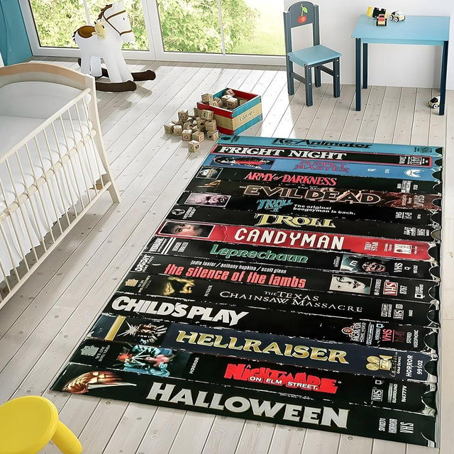 80's Nostalgic Rug, VHS Case Themed Horror Movie Room Rug, Nostalgic Retro Style Rug, Home Theater TV Room Rug, Classic Horror Movies Rug,Gift For Him,Room Decor (2'3" x 1'7" IS THE SMALLEST MAT SIZE)