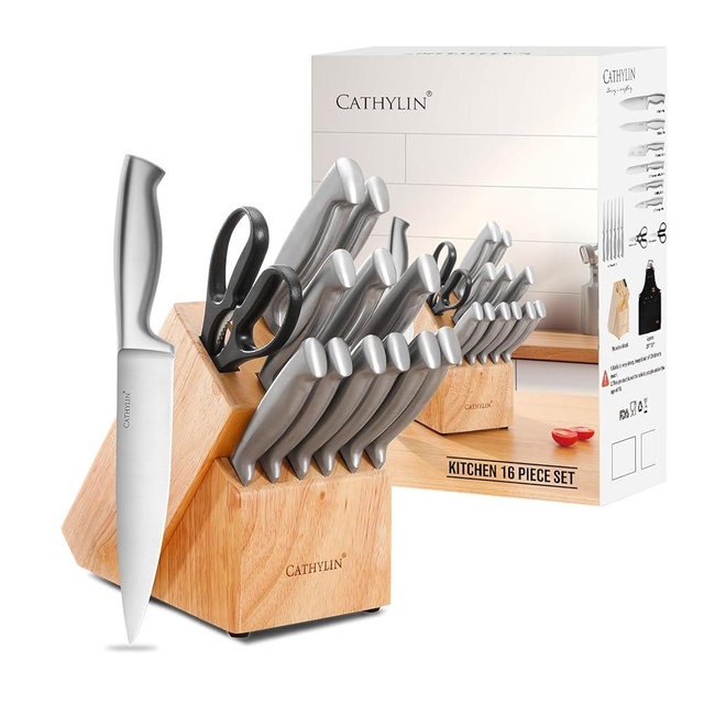 CATHYLIN 16-piece High-Carbon Stainless Steel Knife Set with Built-in Sharpener Knife Block Set,Kitchen Knife Set with Ergonomic Non-Slip Handle,Dishwasher Safe (16pcs,silver)