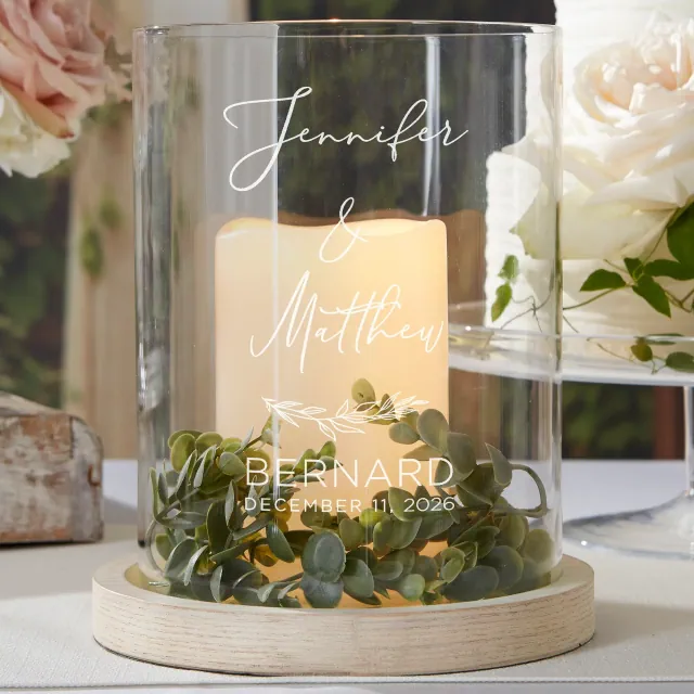 Elegant Couple Personalized Hurricane with Whitewashed Wood Base