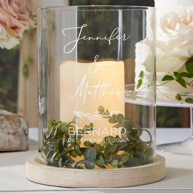 Elegant Couple Personalized Hurricane with Whitewashed Wood Base