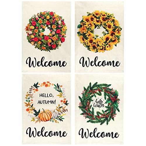 Billion Sky Welcome Garden Flag Set of 4, Burlap Spring/Summer/Fall/Winter Seasonal Yard Flags for Outdoor, 12x18 Inch, Double Sided Design for All Seasons