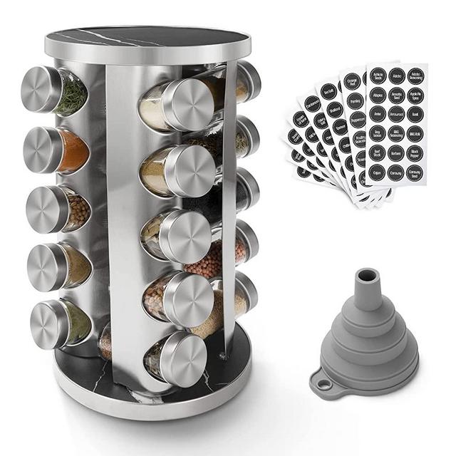 Rotating Spice Rack Organizer with 20 Empty Spice Jars, 135 Spice Labels with Funnel Complete Set,for Countertop,Cabinet