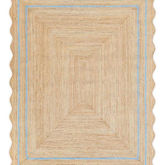 Weaving Village Wave Scalloped Natural Jute Rug Boho Jute Rug Entryway Runner Rug Farmhouse Scallop Rug, Sky Blue (5'x7')