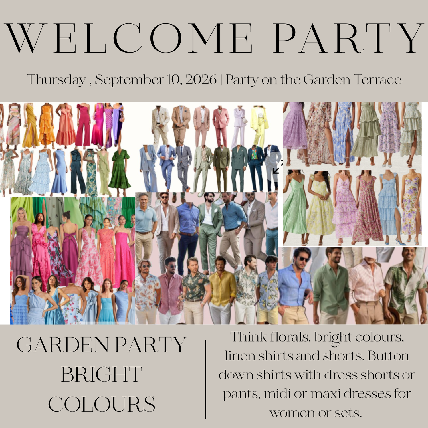 Welcome Party Outfit Inspo - Garden Party Bright Colours