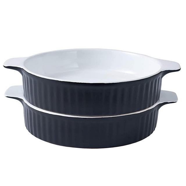 Bruntmor Set Of 2 Modern Ceramic Pie Pan, 8 Inch Tart Pan Round Pie Plate Baking Dish, Elagent Ribbed Design, Matte Black