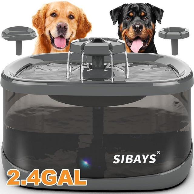 SIBAYS 9L 300OZ 2.4GAL Dog Water Fountain for Large Dogs,3 Sprouts Pet Water Fountain for Dogs,Multi Pets,3 in 1 Light,Automaticlly Super Quiet,4 Layer Filter,BPA-Free Material