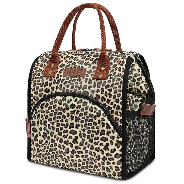 LOKASS Lunch Bag Insulated Lunch Box Wide-Open Lunch Tote Bag Large Drinks Holder Durable PU Leather Snacks Organizer for Women Men Adults College Work Outdoor Activies,Leopard Print