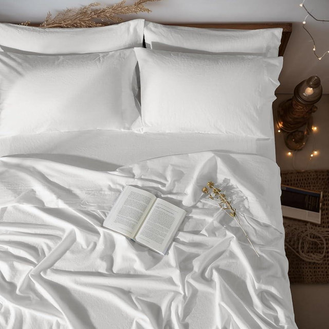 LBRO2M 100% Pure Linen Sheet Set Deep Pocket Up to 16" Bed Sheets Sets, Natural Flax Beddings Soft, Breathable, Comfortable for All Seasons 6 Pcs Sheet Set Queen Size, White