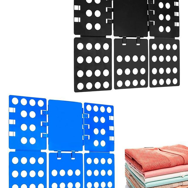 QWORK PP Composite Folding Board, 2 Pack Folding Clothes Board - Black + Blue, One-Hand Operation Laundry Folding Tool, Non-Slip Silicone Buckles, T Shirt Folder, Laundry Folders for All Garments