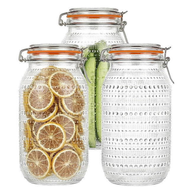 WACOI 64 Oz Glass Mason Jars with Airtight Lids3 Pack, Half Gallon Wide Mouth Canning Jars with Clip Top Lids for Kitchen Storage Pickling Salad Jams Coffee Beans