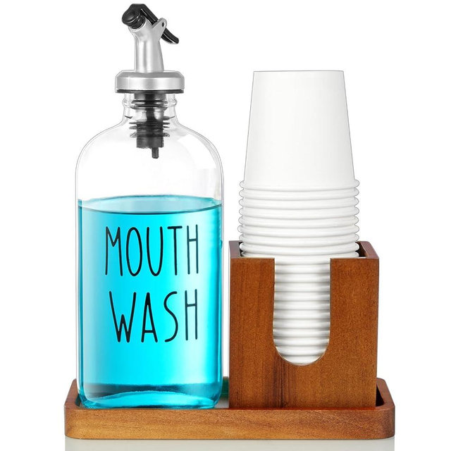 Bivvclaz Mouthwash Dispenser for Bathroom, 16 OZ Glass Mouthwash Dispenser with Pour Spout and Acacia Wood Cup Holder and Tray, Mouth Wash Bottle Container, Farmhouse Bathroom Decor and Accessories