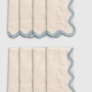 European Linen Scallop Edge Napkins (Set of 8) in Flax/Dusty Blue