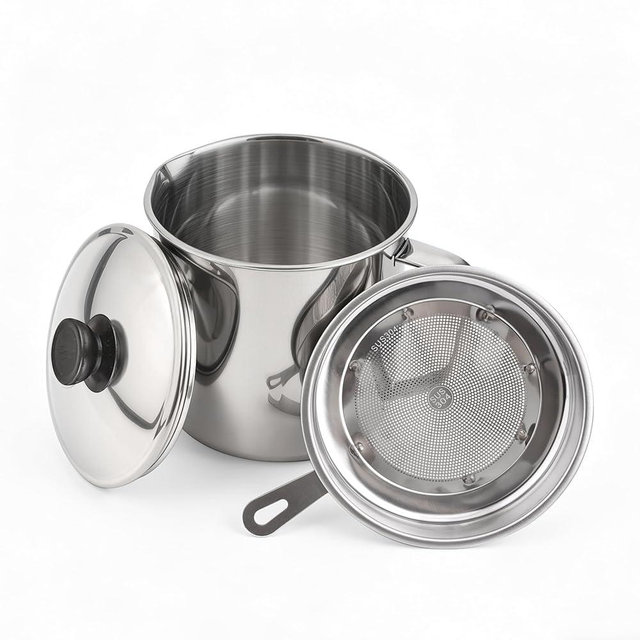 CBESTUTENSIL Bacon Grease Container，Stainless steel storage container with fine mesh filter，dust cover，and easy to grip handle，suitable for storing frying，and cooking oil in the kitchen(1L/34oz)