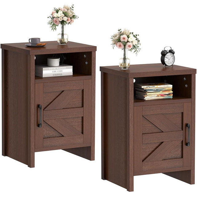 JUMMICO Farmhouse Nightstand, Modern Bedside Table with Barn Door and Shelf, Rustic End Table Side Table for Bedroom, Living Room (2, Brown)