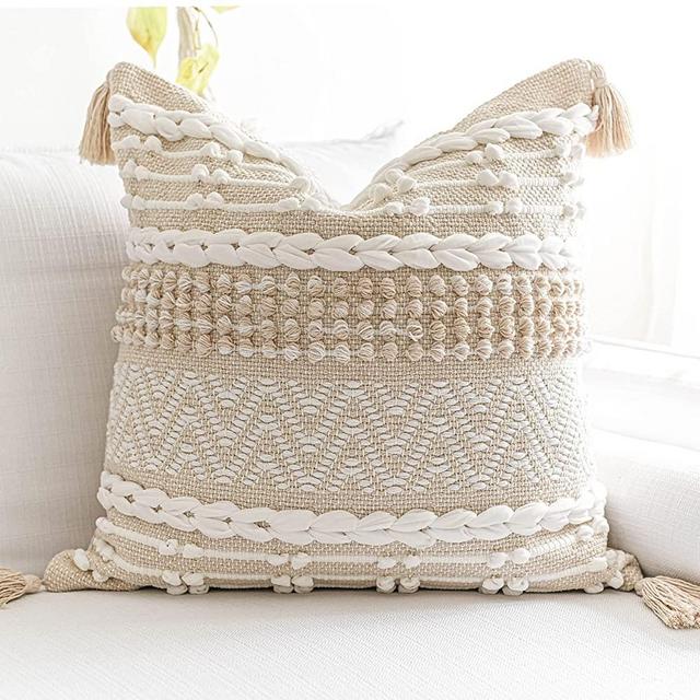 BLISSBLUSH Neutral White Decorative Throw Pillow Case, Cream Beige Boho Woven Textured Pillow Cover, Sofa Couch Bed Farmhouse Pillow (1 Piece, Cover ONLY, 20X20 INCH)