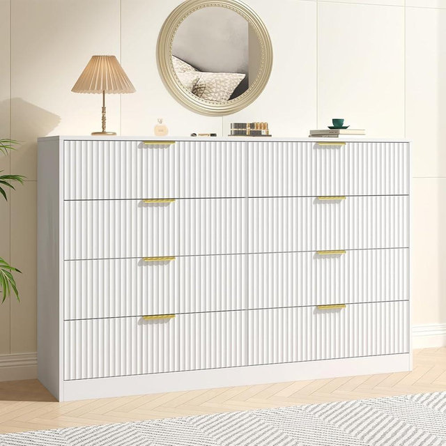 NOVAMAISON White Fluted Dresser Bedroom with 8 Drawer,55” Wide White Double Drawer Dresser Modern Chest of Drawers with Gold Handles,Wood TV Stand for Bedroom,Living Room