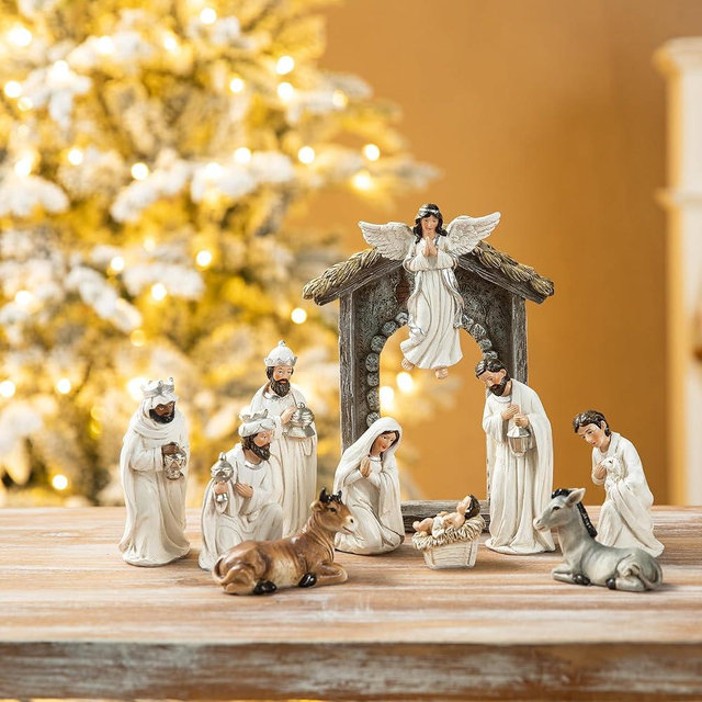 Glitzhome 11Pcs Ivory Resin Nativity Figurines Set for Christmas Indoor Holy Family with Angel Nativity Sets Scene Collectible Figures Christmas Table Statue Ornaments Church Wedding Gifts 8" x 20.75"