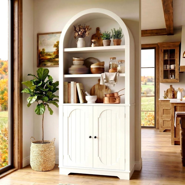 IRONCK 71" Tall Arched Kitchen Pantry Cabinet, Freestanding Storage Cupboard with Adjustable & Open Shelves, Anti-Tip Wall Mount, for Kitchen, Living Room, Dining Room, White