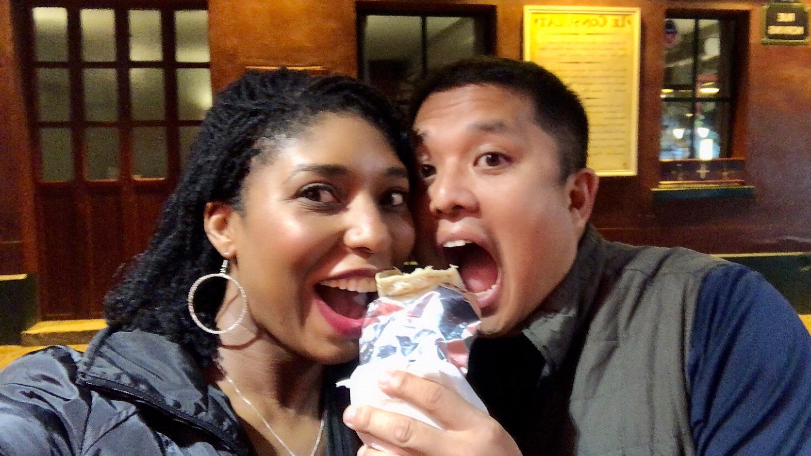 Sharing a crepe on the streets of Montmartre in Paris.