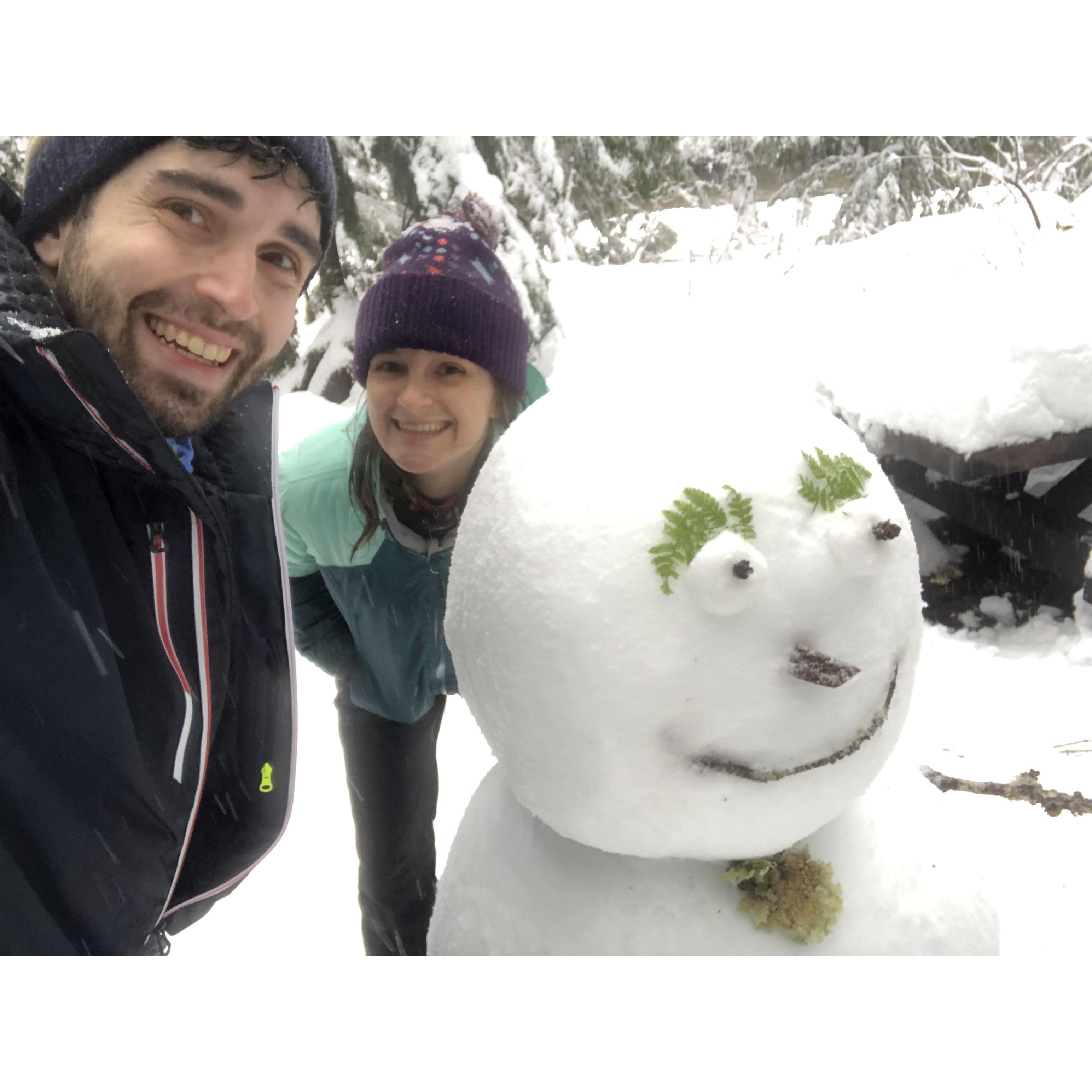 The iconic snowman featured on our Save-the-Dates, during a snowshoe adventure by Mount Baker