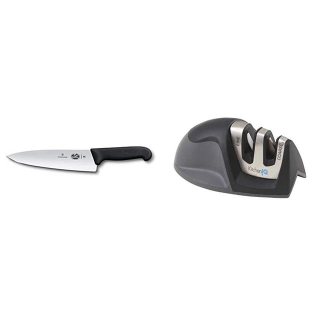 Victorinox - 45520 Fibrox Pro Chef's Knife, 8-Inch Chef's FFP & KitchenIQ 50009 Edge Grip 2-Stage Knife Sharpener, Black
