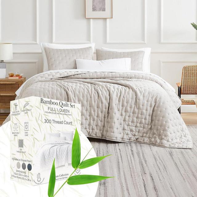Southshore Fine Living, Inc. Full/Queen Quilt Bedding Set with 2 Quilted Pillow Shams, Rayon Derived from Bamboo Quilt, 300 Thread Count Premium Coverlet, Queen Size/Full Size Bedspread, Bone