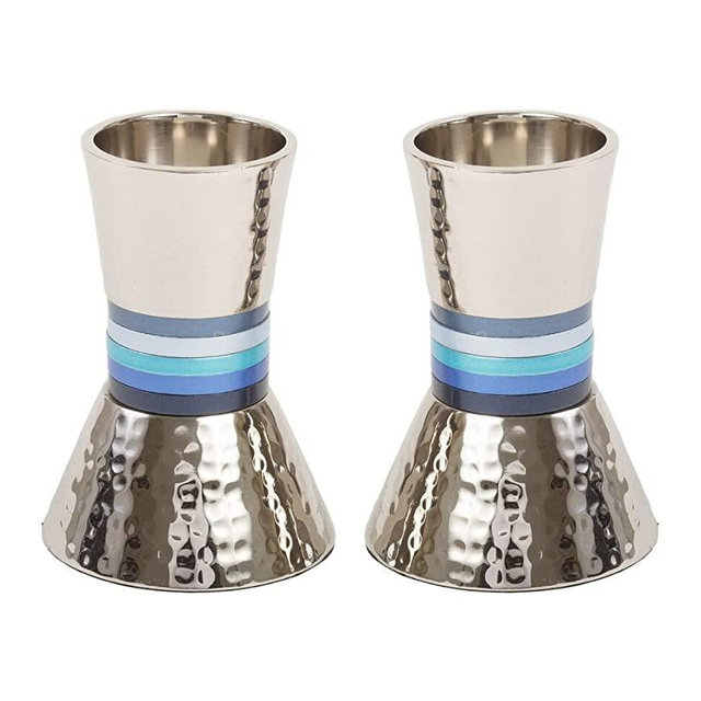 Yair Emanuel Pair of Shabbat Candlesticks | Hammered Metal Designed with Shades of Blue Rings | CA-2