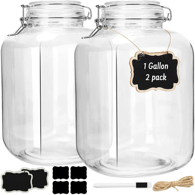 Cyclemore 2 Pack 1 Gallon Square Clear Glass Jar with Airtight Lid, Storage Canister 128oz, Wide Mouth Jar for Fermenting, Pickled Egg, Kombucha, Kefir, Canning, Sun Tea and Food Storage