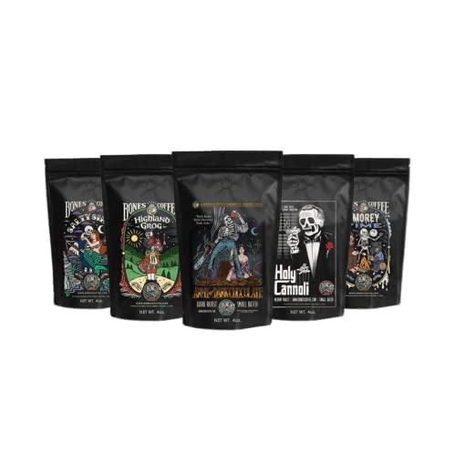 Bones Coffee Company NEW Flavors! Favorite Flavors Sample Pack | 4 oz Flavored Ground Coffee Beans Sampler Gift Box Set | Pack of 5 Assorted Medium Roast Flavored Coffee Beans (Ground)