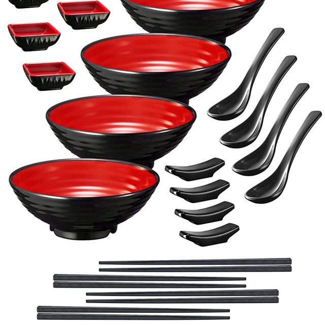 Practimondo 4 Noodle Bowls Set - large 32oz Ramen Bowl Set for authentic Asian Cuisine - with Dipping Bowls, Spoons, Chopsticks & Chopstick Stands. Enjoy Thai Miso Udon Wonton (4 Bowl Set, Red-Black)