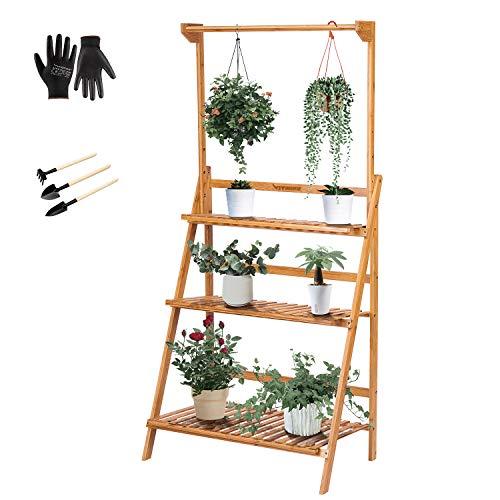 VIVOSUN 3 Tier Bamboo Hanging Plant Stand Foldable Planter Shelves Flower Pot Organizer Storage Rack Display Shelving Plants Shelf Holder for Patio Garden Balcony Indoor Outdoor