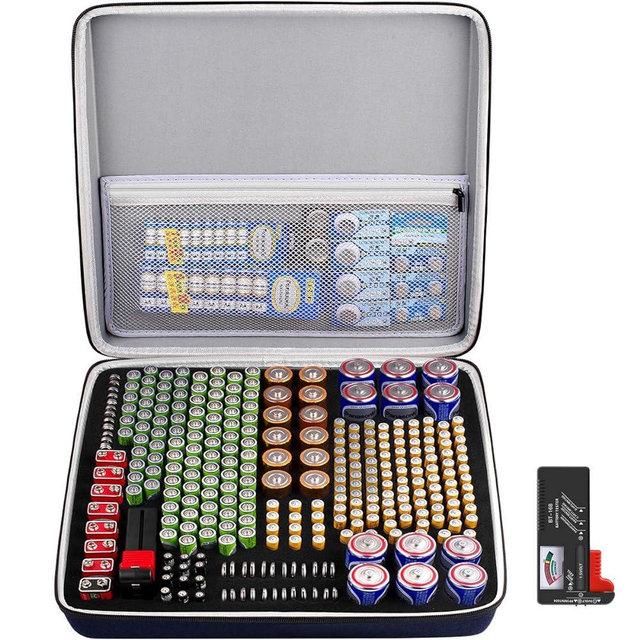Extra Large Battery Organizer Storage Box, Garage Carrying Case Bag Holder - Holds Up to 300+ Batteries AA AAA C D 9V Lithium 3V with Battery Tester (Batteries are Not Included)