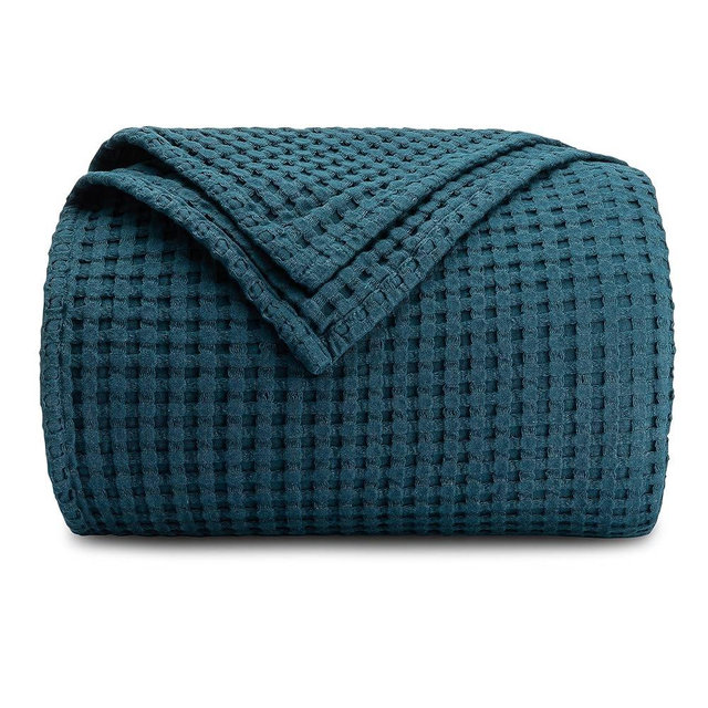 Comfy Cubs Waffle Blanket Twin, 90" x 66" - 100% Cotton Lightweight Breathable Bed Blanket - Soft Textured Thermal Weave for All Seasons – Decorative Cozy Layer for Couch, Sofa, or Bed - Neptune