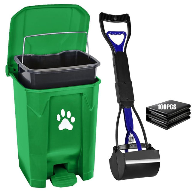 mayayaday Outdoor Dog Poop Trash Can, Dog Waste Trash Can Pooper Scooper for Yard Garden Kitchen with Lid, Pedal, Removable Inner Bin, Large Waste Bag, Green (Fully Assembled)